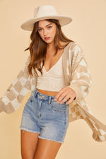 Checkered Open Front Drop Shoulder Cardigan