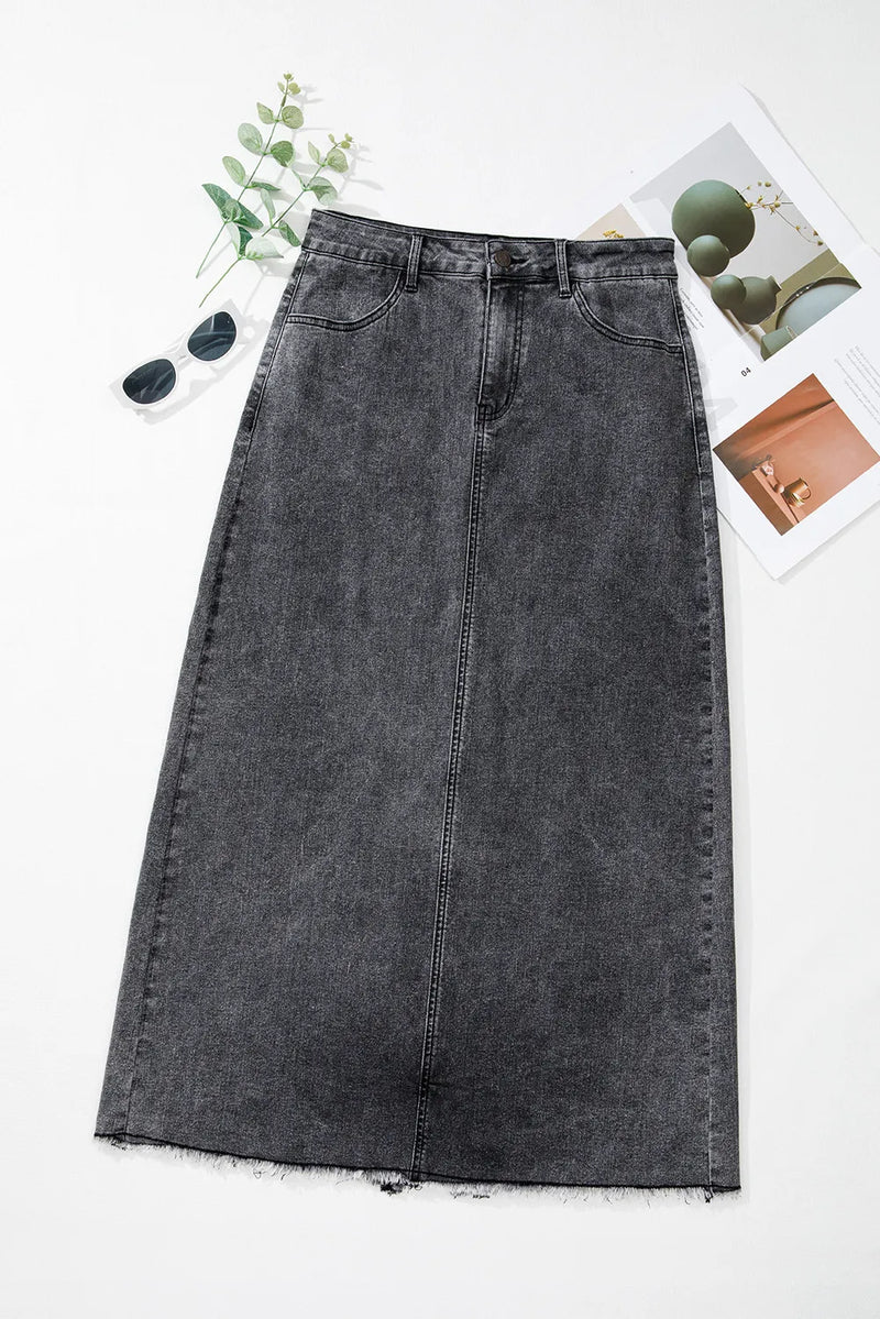 Raw Hem Midi Denim Skirt with Pockets