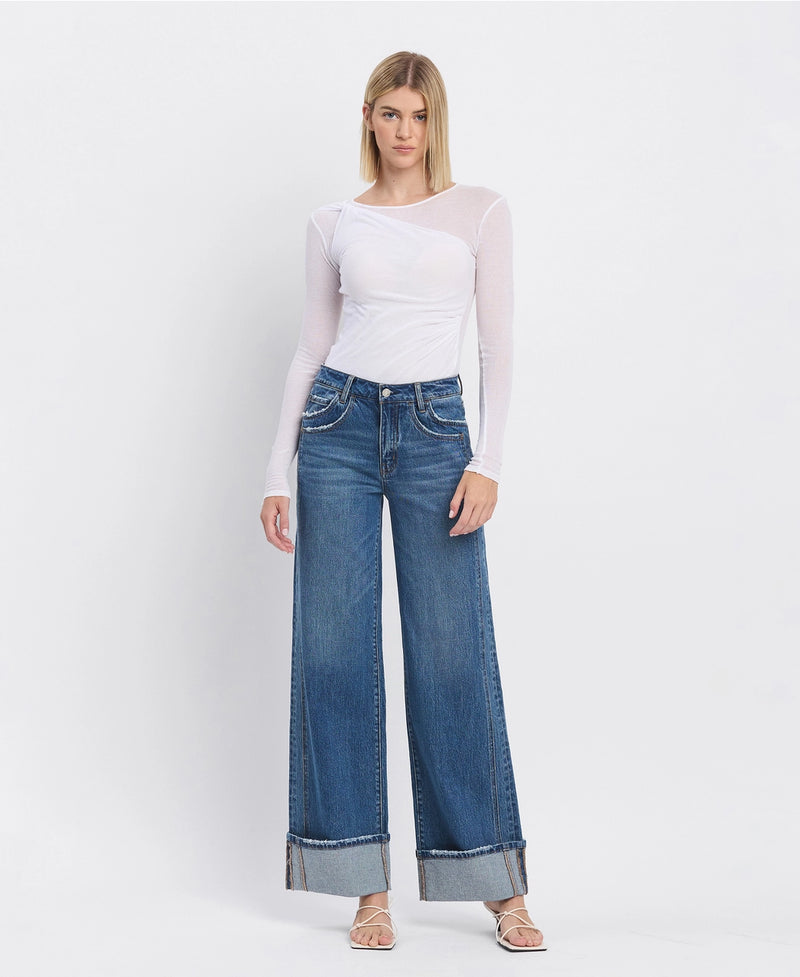 Vervet by Flying Monkey High Rise Cuffed Panel Baggy Wide Jeans