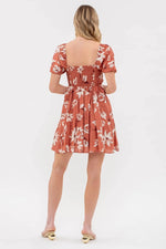 Floral Pleated Puff Sleeve Mini Dress