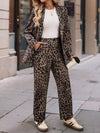 Full Size Leopard Lapel Collar Long Sleeve Blazer and Pants Set