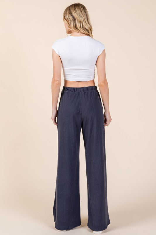 Elastic Waist Wide Leg Pants with Pockets