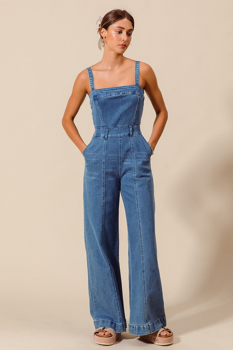 Raw Edge Washed Denim Jumpsuit