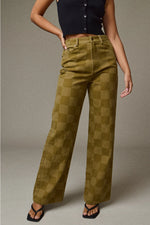 Olive Checkered Wide Leg Jeans