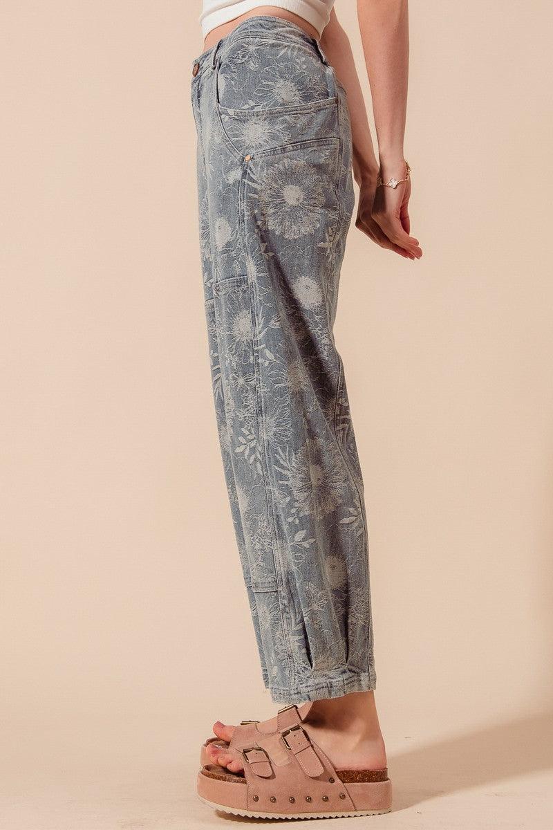 So Me Mid Rise Floral Denim Barrel Jeans
