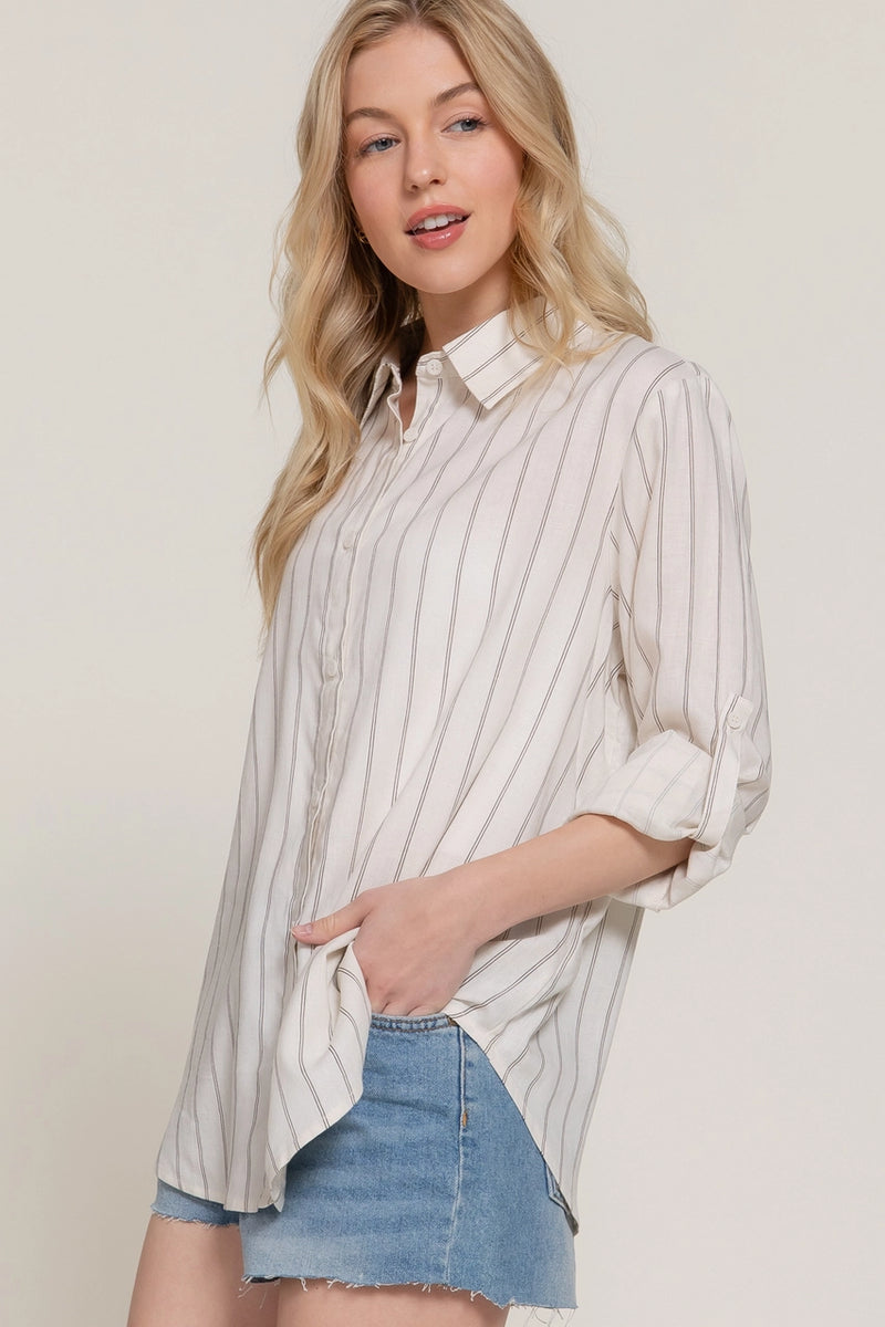 Long Sleeve Button Down Stripe Linen Oversized Shirt