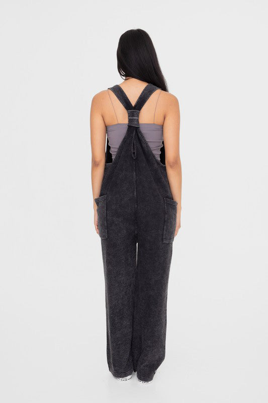 Mineral-Washed V Neck Overalls with Pockets