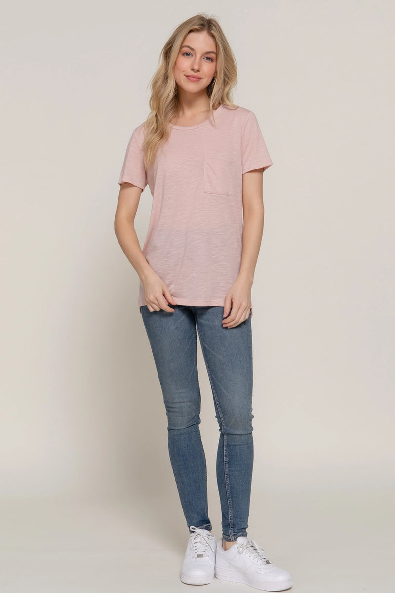 Short Sleeve Round Neck with Pocket Slub Knit Tee