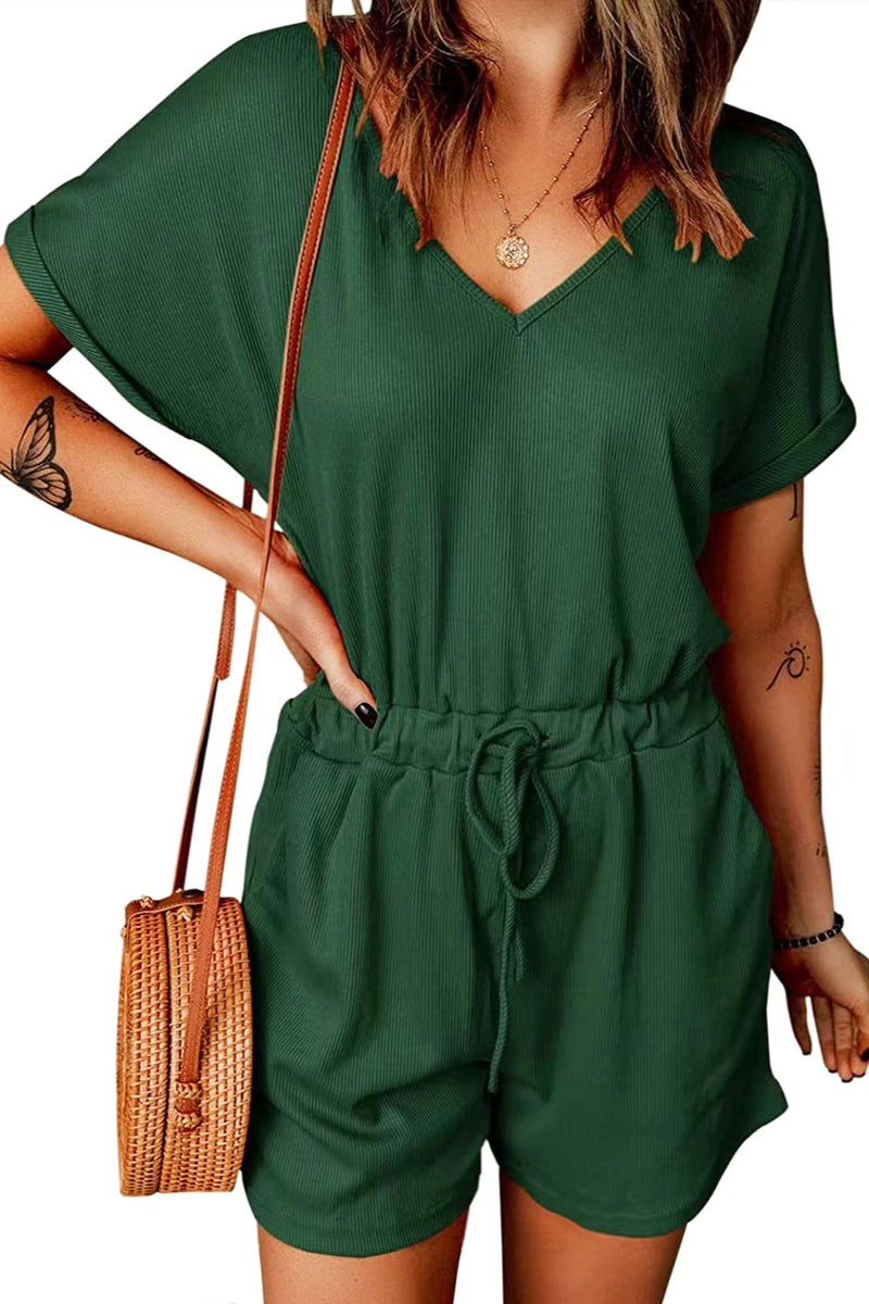 Drawstring V-Neck Short Sleeve Romper