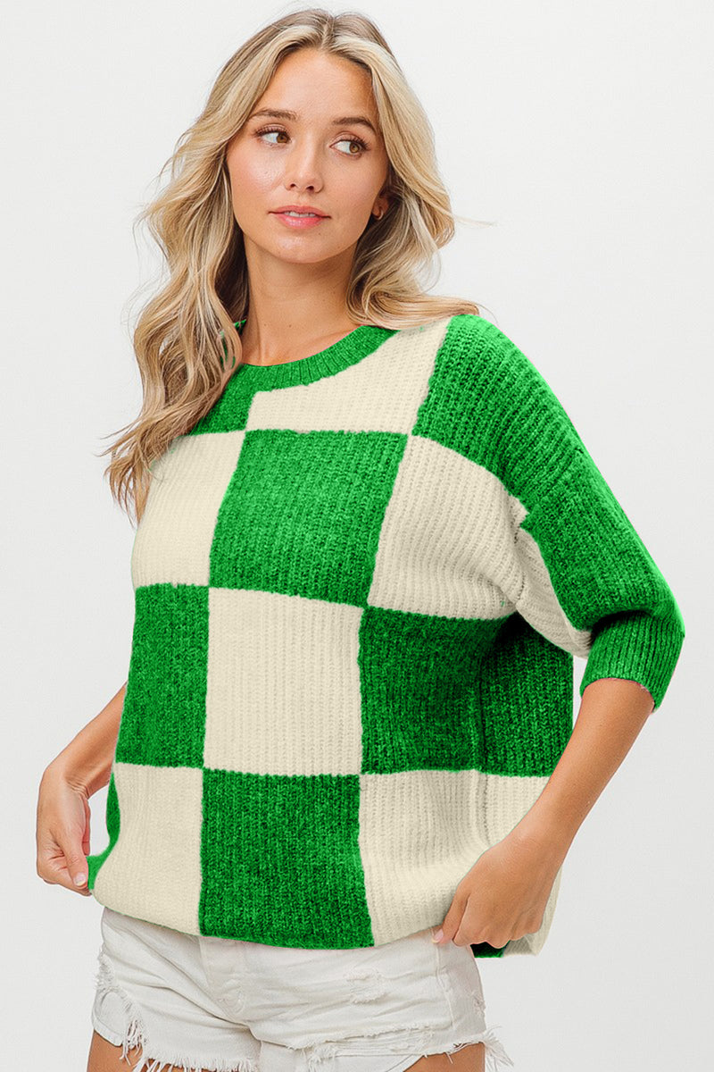 Checkered Contrast Round Neck Sweater
