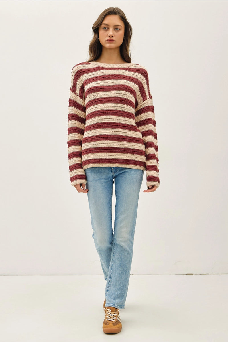 Striped Crochet Knit Long Sleeves Sweater