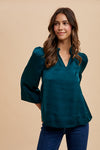 Satin Notched Three-Quarter Sleeve Blouse