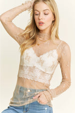 Mesh Lace High Neck Design Long Sleeve Fitted Top