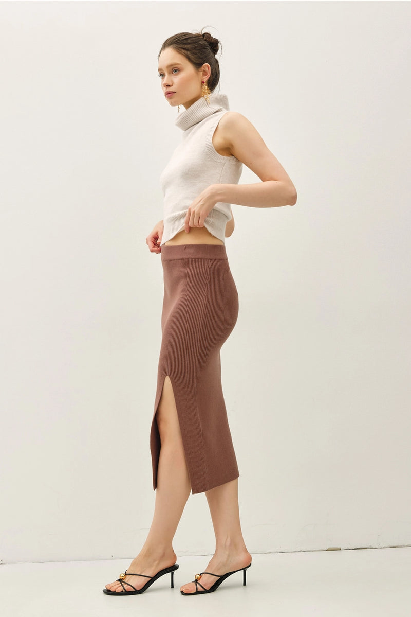Ribbed Knit Sweater Midi Skirt with Side Slit