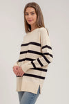 Stripe Oversized Crew Side Split Knit Sweater