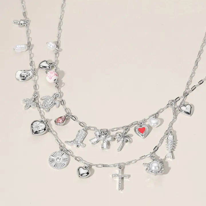 Fish Turtle Heart Cross Bow Pearl Charm Necklace