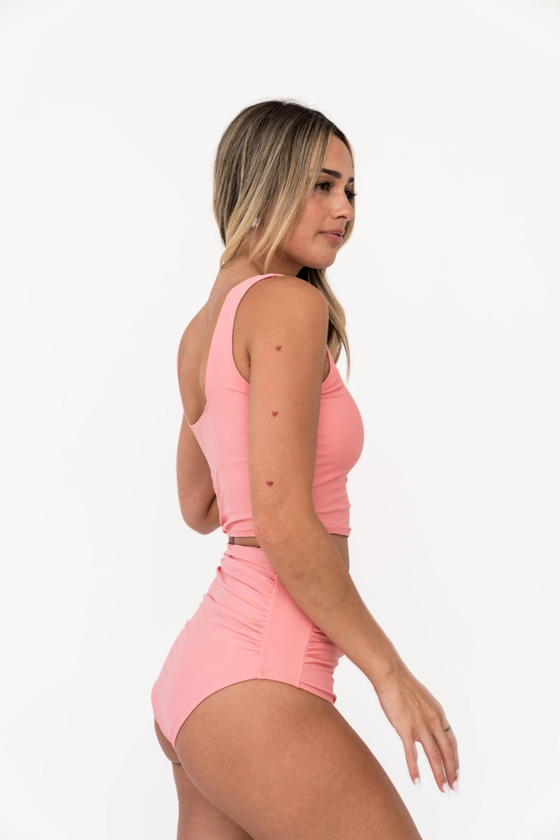 Seaside Pink High Waisted Ruched Swim Bottoms