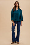 Satin Notched Three-Quarter Sleeve Blouse