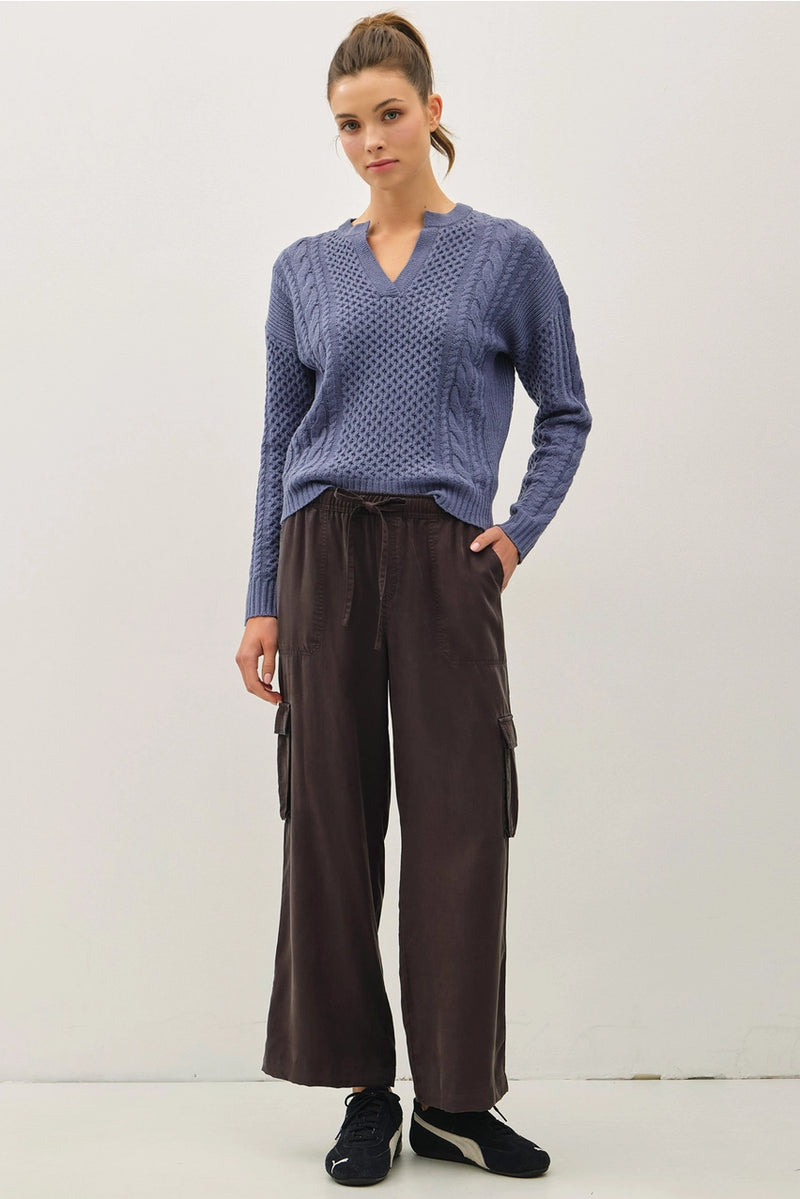 Tencel High Rise Drawstring Wide Leg Cargo Pants