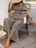 Smocked Printed Square Neck Puff Sleeve Jumpsuit