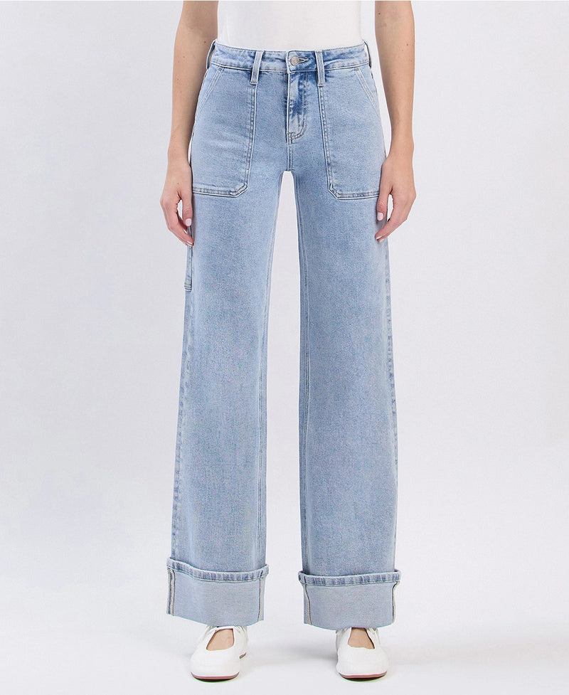 Lovervet by VERVET High Rise Carpenter Pocket Cuffed Wide Leg Jeans