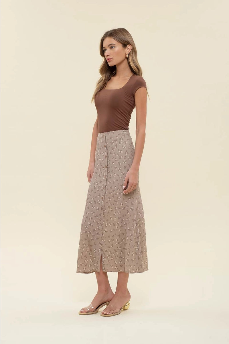 Floral Button Front Split Hem Midi Skirt