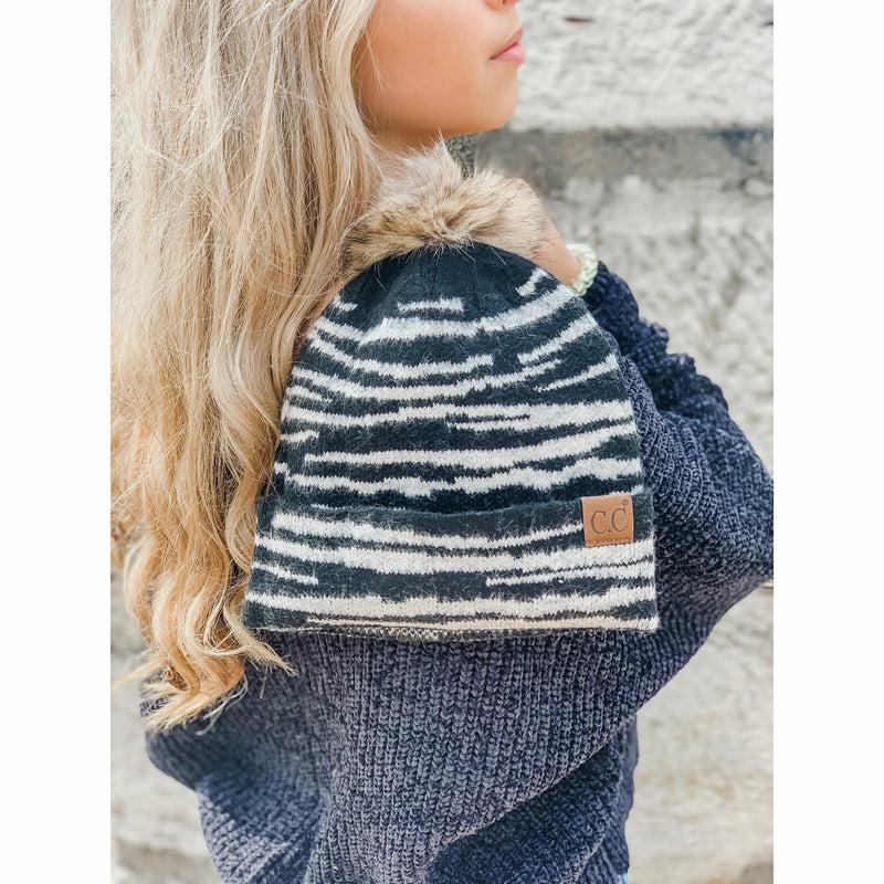 Zebra Pattern Faux Fur Pom C.C Beanie