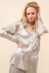 Metallic Plisse Pleated Button Up Blouse