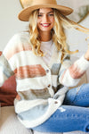 Button Down Stripe Soft Fuzzy Sweater Cardigan