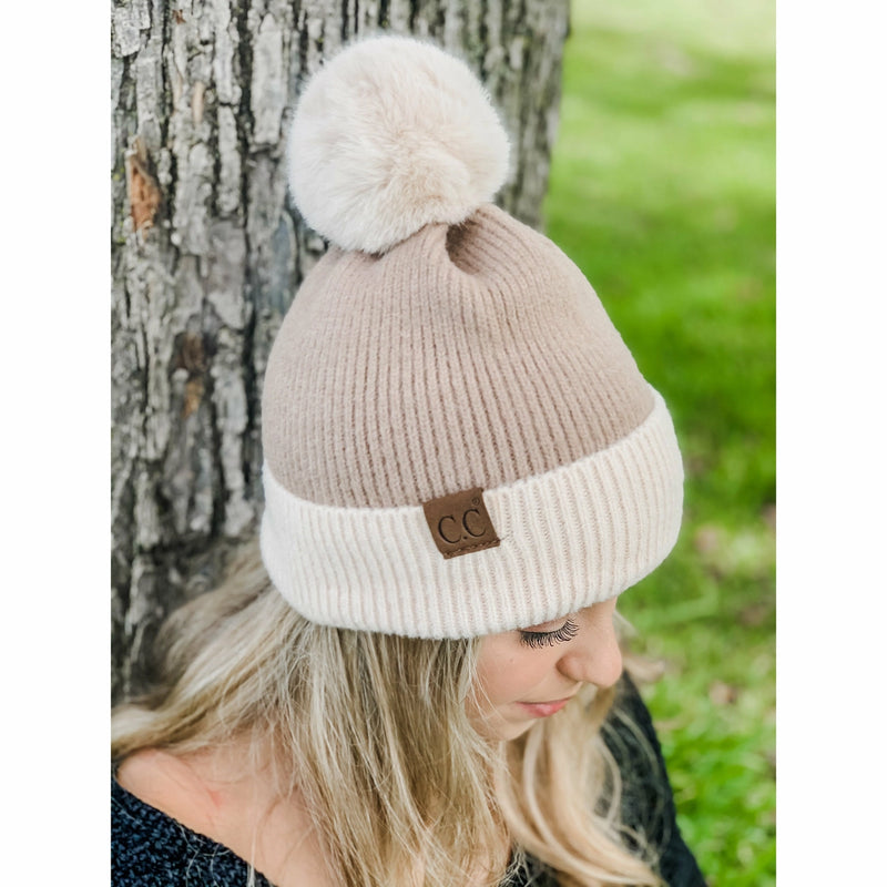 C.C Colorblock Solid Faux Fur Pom Beanie