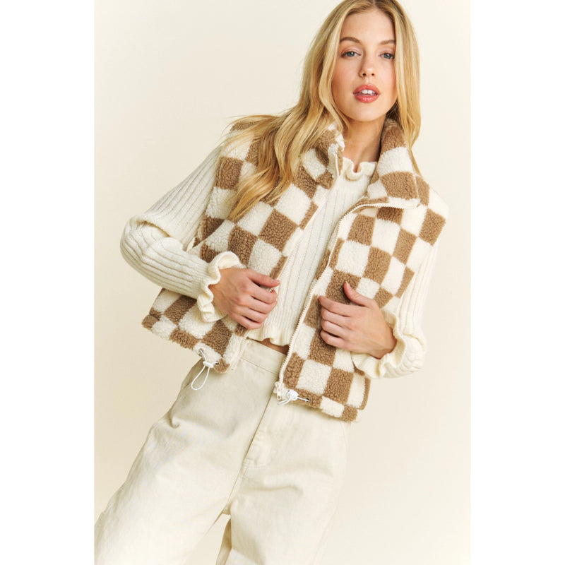 Crop Checkered Sherpa High Neck Open Front Puffer Vest