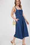Lace Up Sleeveless Denim Midi Dress