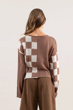 Colorblock Checkered Long Sleeve Knit Sweater