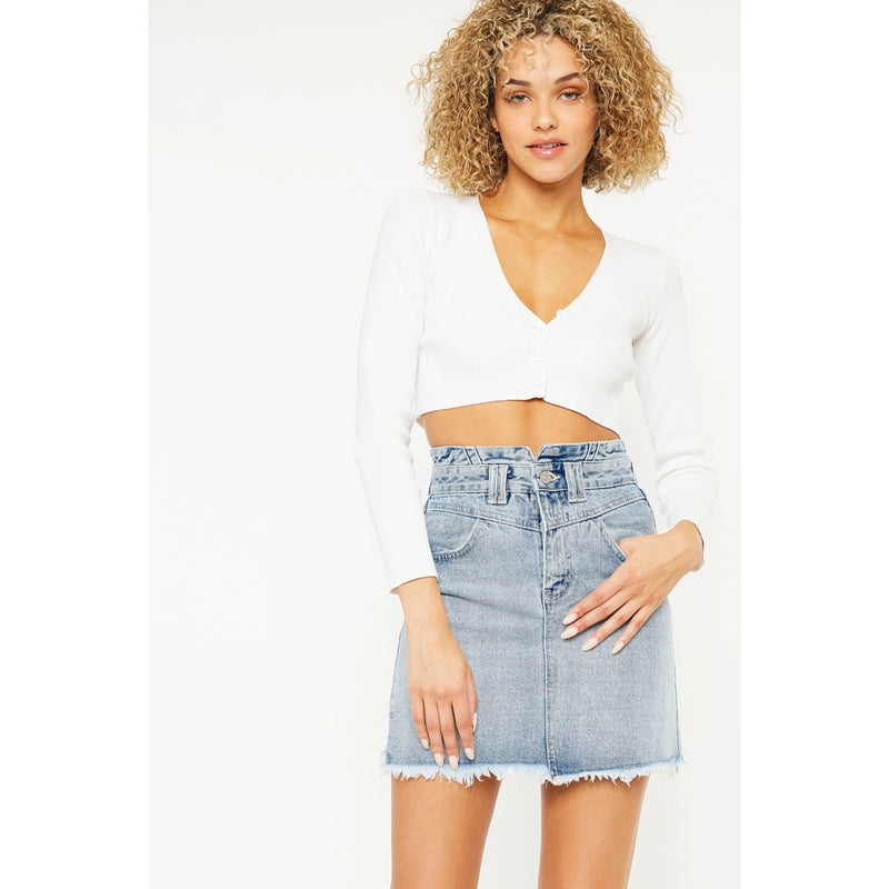 KanCan High Rise Frayed Hem Denim Skirt