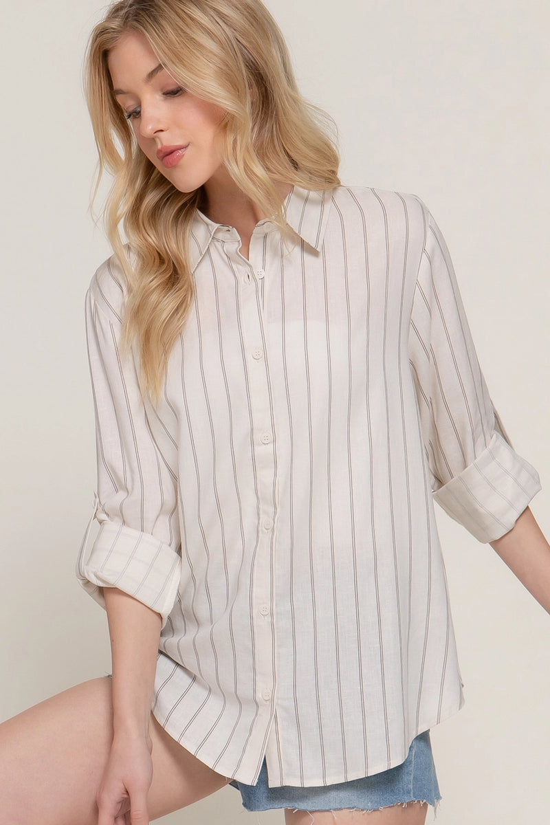Long Sleeve Button Down Stripe Linen Oversized Shirt