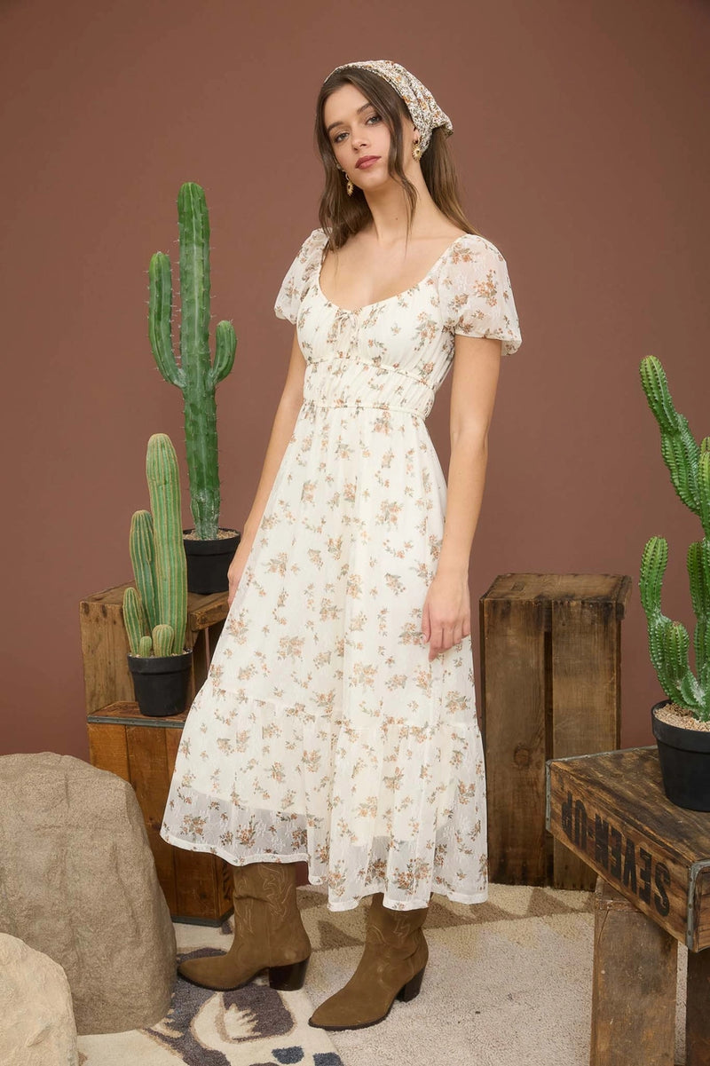 Sheer Floral Puff Sleeve Front Tie Midi Dress