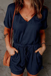 Drawstring V-Neck Short Sleeve Romper