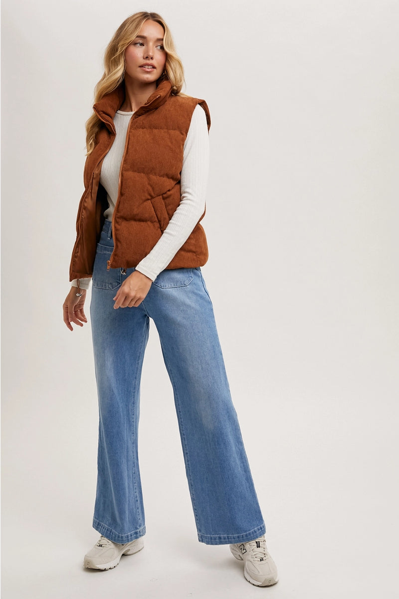 Corduroy Puffer Vest Zipper Front