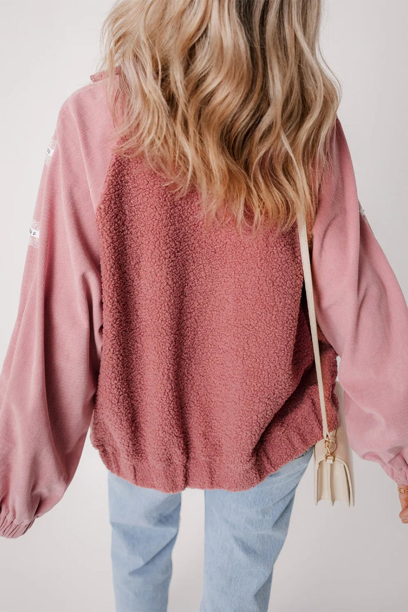 Fuzzy Lace Detail Zip Up Long Sleeve Jacket