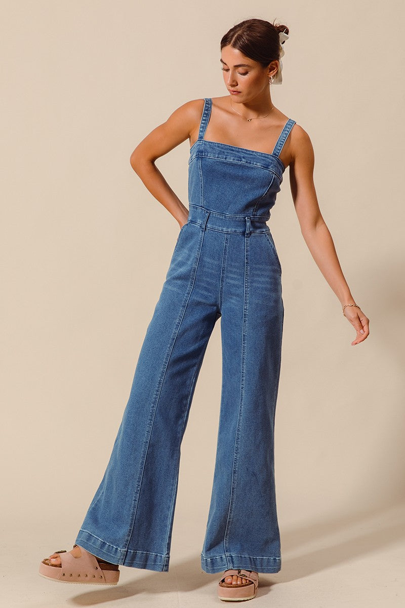 Raw Edge Washed Denim Jumpsuit