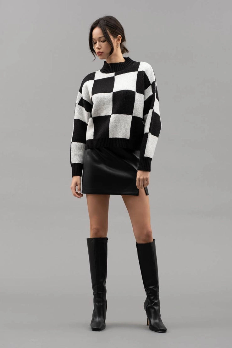 Checkered Crew Neck Knit Sweater