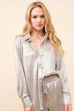 Metallic Plisse Pleated Button Up Blouse