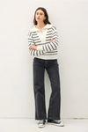 Spread Collar Half Zip Striped Sweater