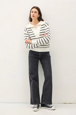Spread Collar Half Zip Striped Sweater