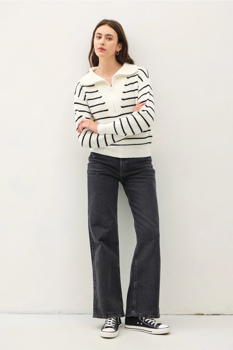 Spread Collar Half Zip Striped Sweater