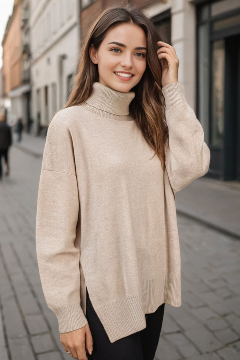 Side Slit Turtleneck Dropped Shoulder Sweater