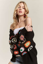 Full Size Contrast Crochet Open Front Long Sleeve Cardigan Plus Size