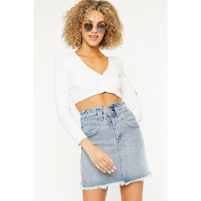 KanCan High Rise Frayed Hem Denim Skirt