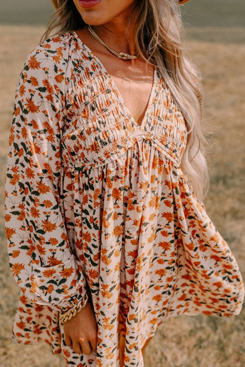 Smocked Printed V-Neck Long Sleeve Dress