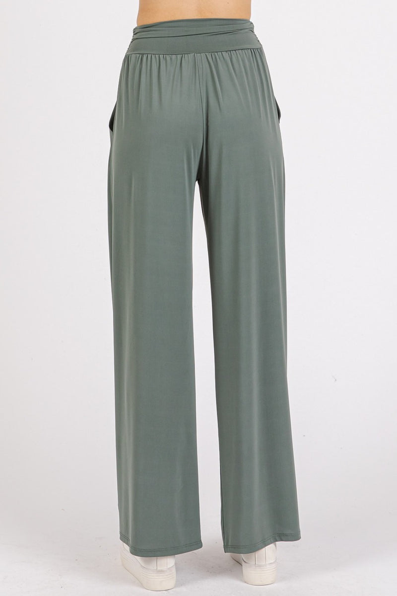 Stretch Banded Waist Wide Leg Pants with Pockets